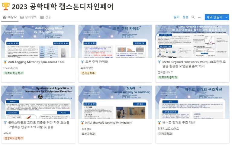 2023 ERICA 캡스톤디자인페어(공학대학/과학기술융합대학)의 수상작입니다. 아래 이미지를 클릭하면 상세정보 페이지로 이동합니다.