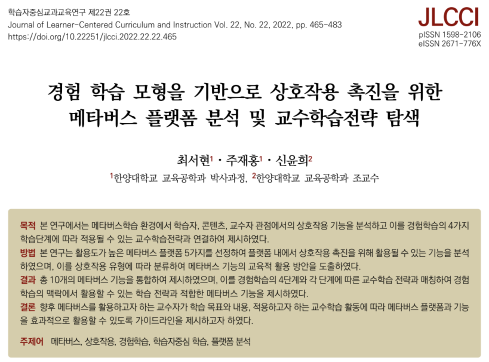 [최서현, 주재홍, 신윤희] 경험 학습 모형을 기반으로 상호작용 촉진을 위한 메타버스 플랫폼 분석 및 교수학습전략 탐색