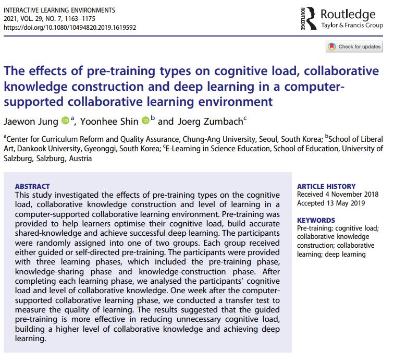 [정재원, 신윤희, Zumbach] The effects of pre-training types on cognitive load, collaborative knowledge construction and deep learning in a computer-supported collaborative learning environment
