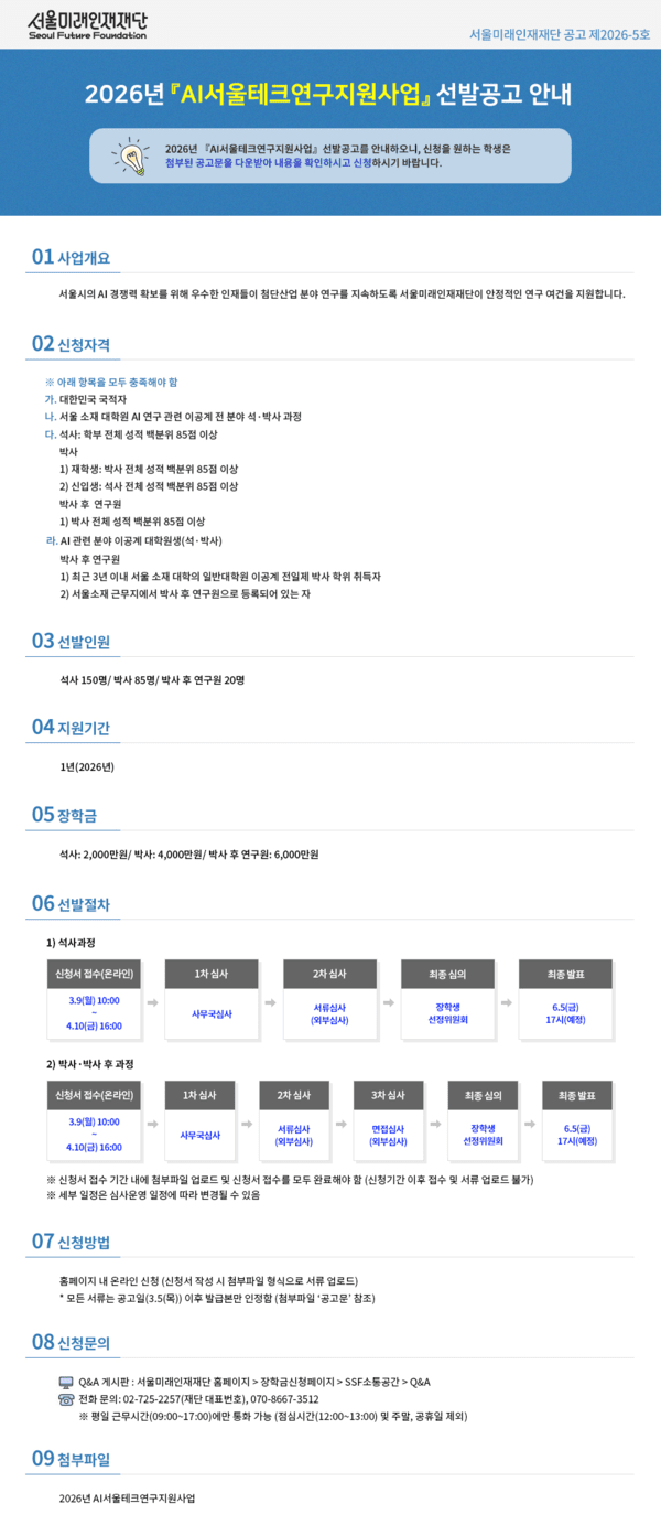 2026년 AI서울테크연구지원사업(석사/박사/박사후연구원)