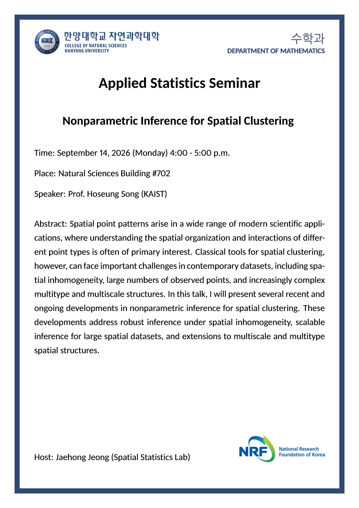 [세미나] Nonparametric Inference for Spatial Clustering