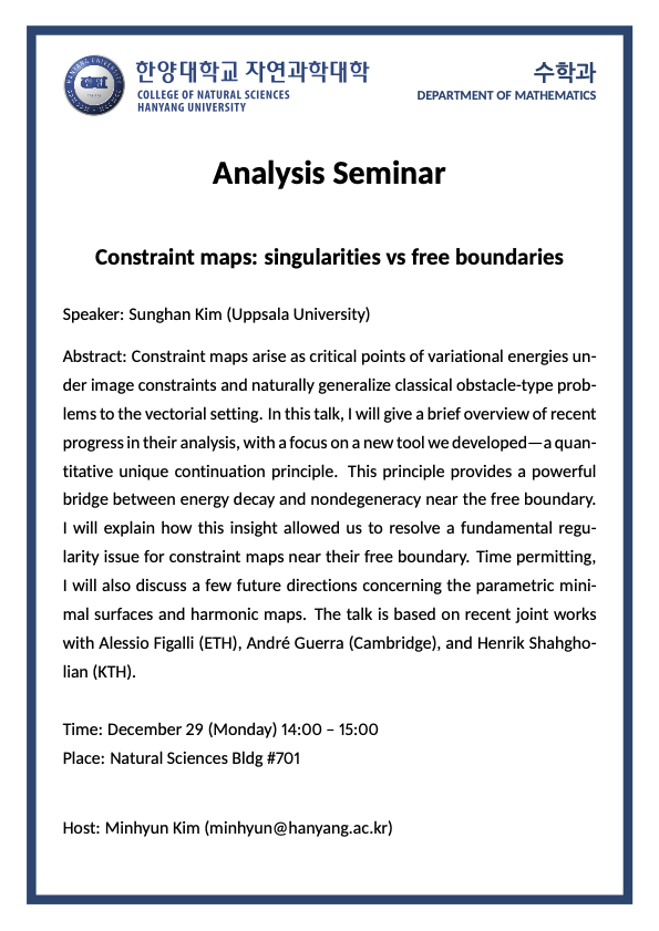 [세미나] Constraint maps: singularities vs free boundaries