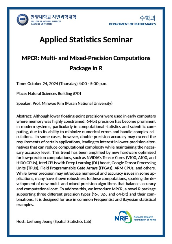 [세미나] Mixed precision approach with applications to spatio-temporal, environmental, and actuarial data